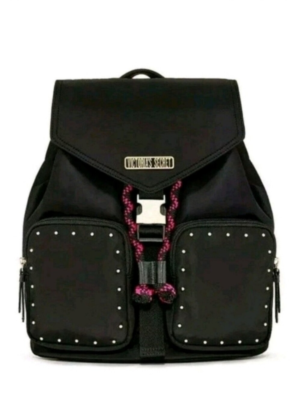 Victoria's Secret Getaway Cargo Black Backpack Pink Accents NWT - Picture 1 of 6